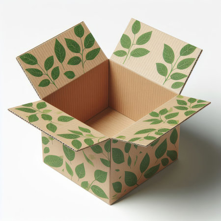 Cardboard box with green leaves on white background. 3d renderの素材