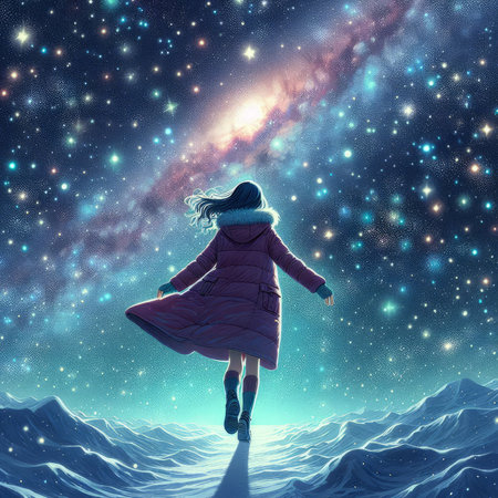 Young woman in winter clothes standing on the background of the starry skyの素材