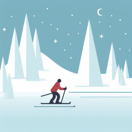Winter landscape with snowboarder. Flat design. Vector illustration.の素材