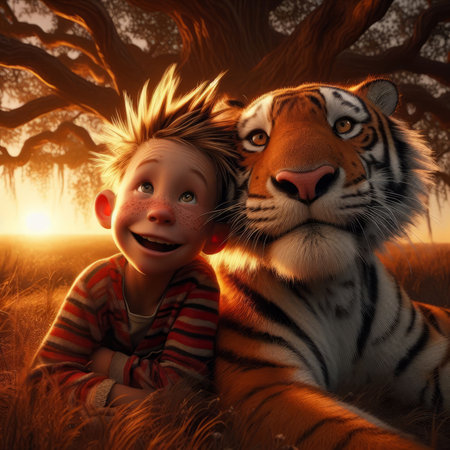 Boy and tiger in the forest at sunset. 3D rendering.の素材