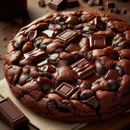 Chocolate cake with chocolate chips on a wooden board. Selective focus.の素材
