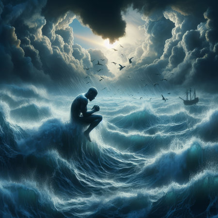 Man meditating in the ocean. 3D illustration. Fantasy.の素材