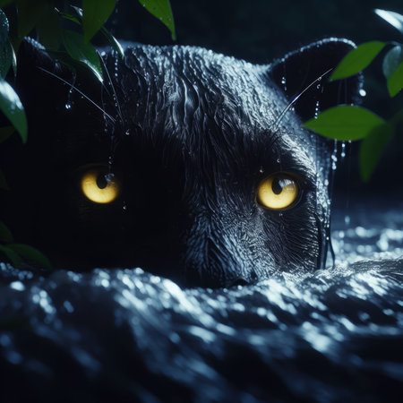 Cute black cat with yellow eyes in dark forest. Halloween concept.の素材