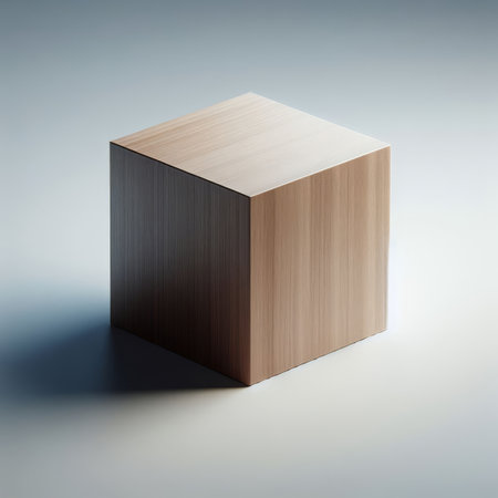 3d illustration of a wooden cube on a gray background with shadowsの素材