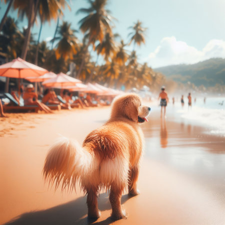 Cute golden retriever dog on the tropical beach in Thailand.の素材