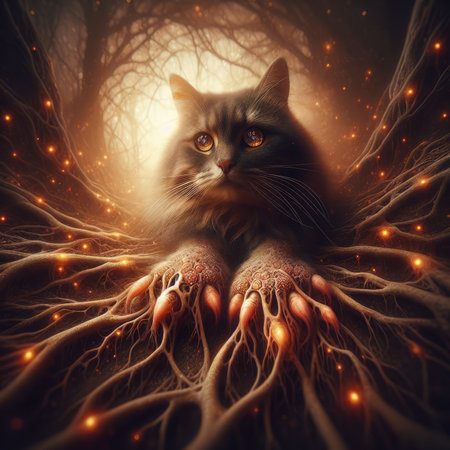 Cute Maine Coon cat in a magical forest. Halloween conceptの素材