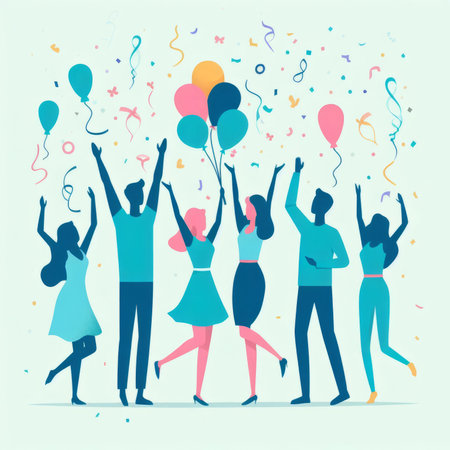 Happy group of young people holding balloons and confetti. Vector illustration.の素材