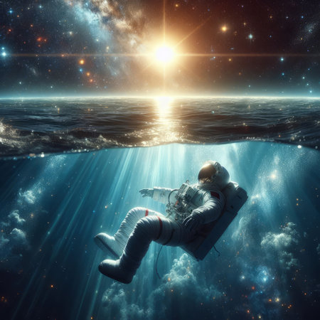 Astronaut floating in the ocean. Mixed media. Mixed mediaの素材