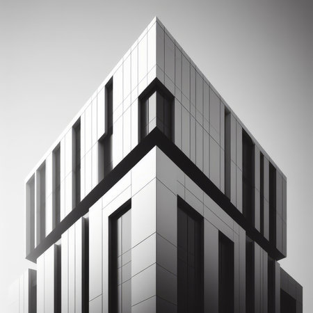3D render of a modern office building with skyscrapers.の素材