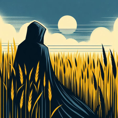 Illustration of a woman in a wheat field at sunset, vector illustrationの素材