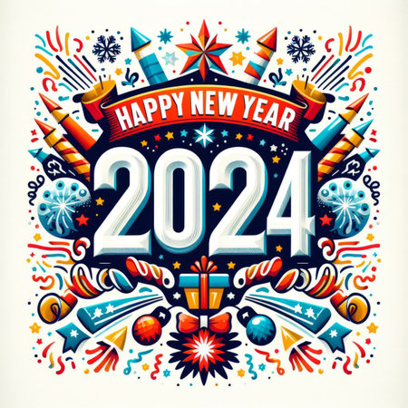 Happy New Year 2014 greeting card with fireworks and fireworks, vector illustrationの素材