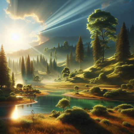 Fantasy landscape. Mountain lake and forest at sunset. Digital painting.の素材