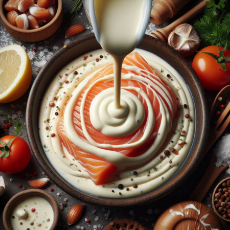 Salmon fillet with cream sauce and ingredients for cooking on a dark backgroundの素材