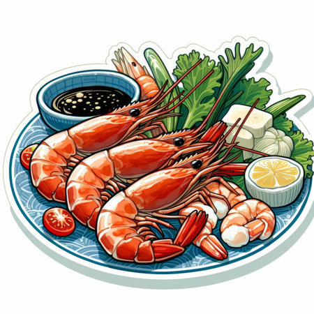 Illustration of shrimps with a bowl of sauce and vegetablesの素材