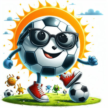 cartoon scene with happy soccer ball and sun - illustration for childrenの素材