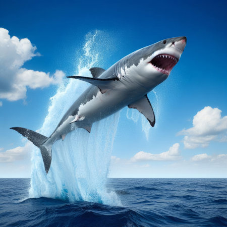 Great white shark jumping out of the water. 3D illustration.の素材