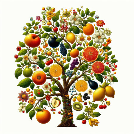 Fruit tree made of fruits and vegetables. Vector illustration for your designの素材