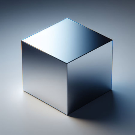 3d render of a metallic cube on a gray background with reflectionの素材