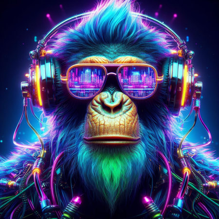 gorilla with headphones and neon lights on a dark background. 3d illustrationの素材