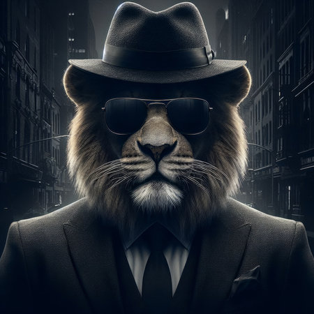 Portrait of a lion wearing a hat and sunglasses on a city backgroundの素材
