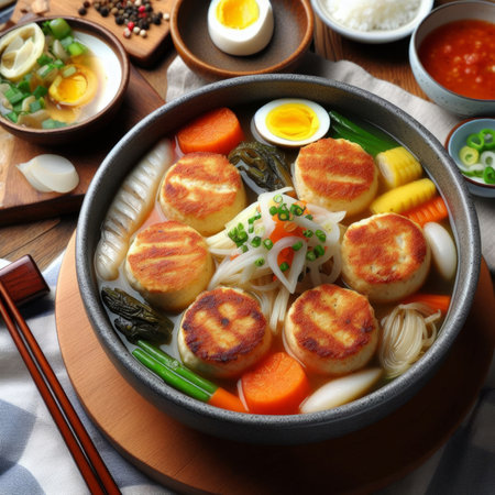 Bowl of udon noodle soup with Korean food on tableの素材