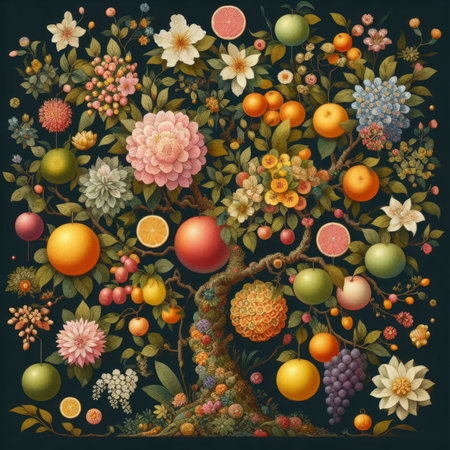 Vintage floral background with flowers, berries, fruits and leaves.の素材