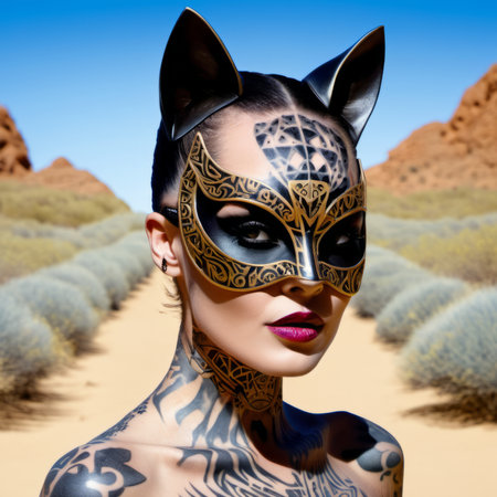 Beautiful girl with a fox mask in the desert. 3d illustration.の素材