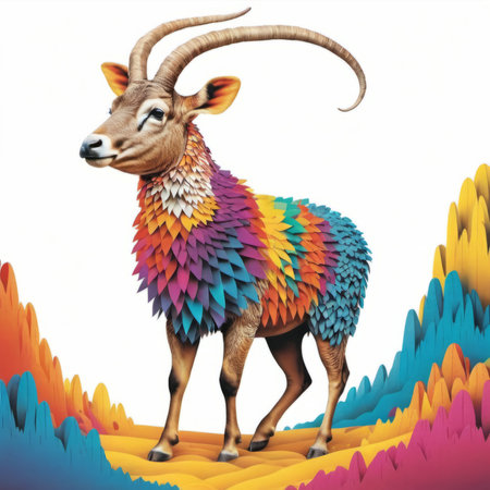 3d illustration of a goat standing on the background of colorful stripesの素材