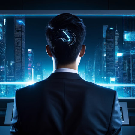 Back view of young businessman in suit looking at digital hologram screenの素材