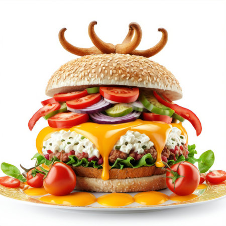 Hamburger with fresh vegetables and cheese on a white background.の素材