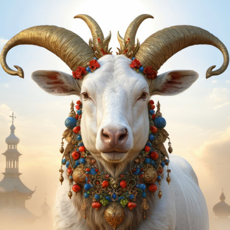 Portrait of a white goat with golden horns and colorful beads against the background of the mosque.の素材