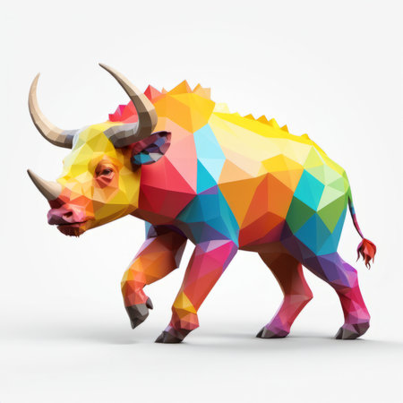Colorful polygonal bull isolated on white background. 3d renderingの素材