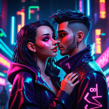 Fashion portrait of a beautiful young couple in neon lights. Fashion, beauty.の素材