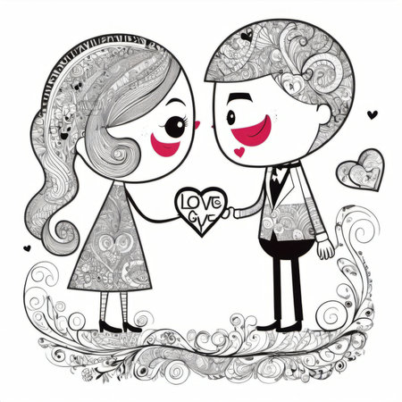 Couple in love. Black and white vector illustration for coloring bookの素材