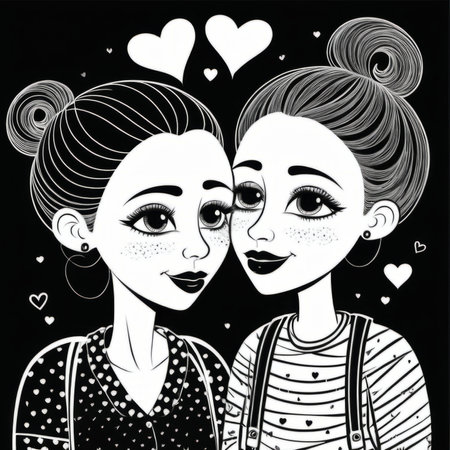 Black and white illustration of two girls in love on a black backgroundの素材