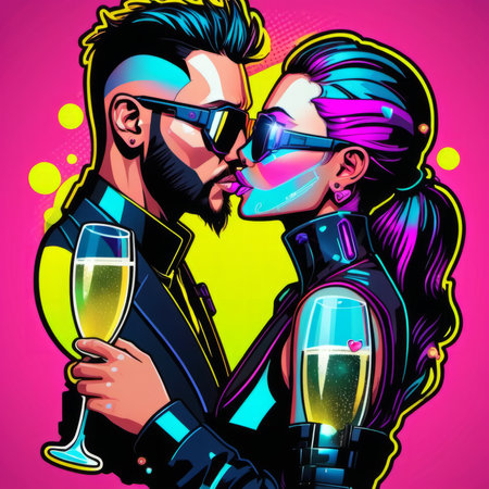 Couple in love with glasses of champagne. Colorful vector illustration.の素材