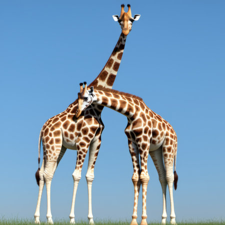 Two giraffes against the blue sky, 3d digitally rendered illustrationの素材