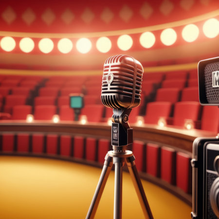 Retro microphone on tripod in cinema auditorium. 3d renderingの素材