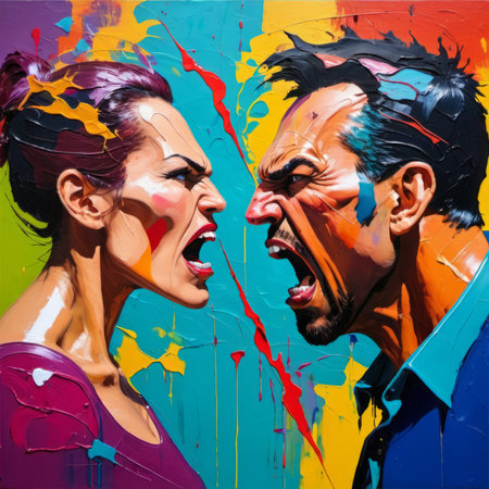 Graffiti on the wall of a building with two people shouting.の素材