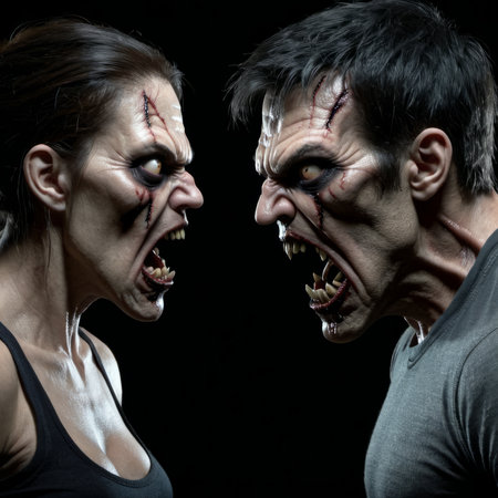 Close-up portrait of scary zombie man and woman on dark backgroundの素材