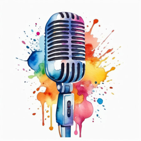 Microphone and colorful watercolor splashes on a white background.の素材
