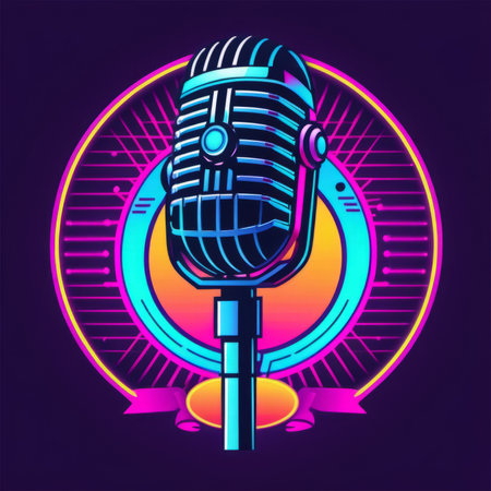 Retro microphone in neon style. Vector illustration on a dark background.の素材