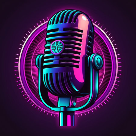Retro microphone in neon style on purple background. Vector illustration.の素材