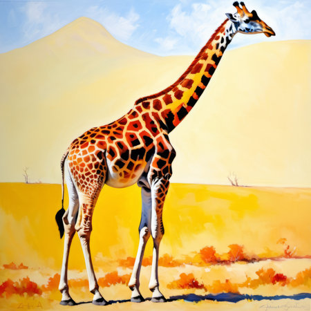 Giraffe on a background of mountains and sky. Digital painting.の素材