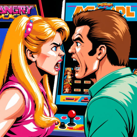 Retro cartoon illustration of a man and woman playing video games.の素材
