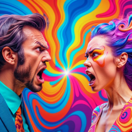 Portrait of a young couple in love. Multicolored background.の素材