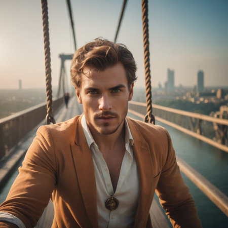 Portrait of a handsome young man on the Brooklyn Bridge in New York.の素材
