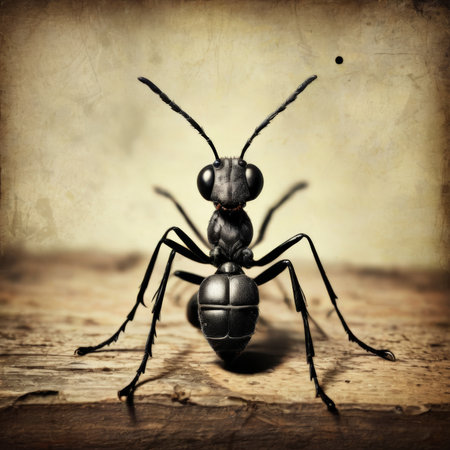 Black ant on grunge background. Vintage style toned picture.の素材