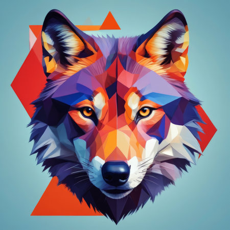 Colorful polygonal wolf head on blue background. Abstract low poly style illustration.の素材