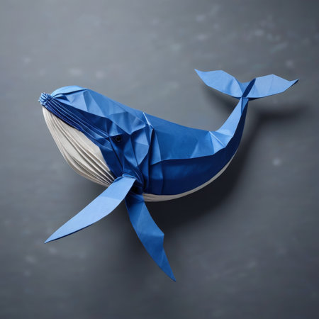 Paper origami whale on a gray background. 3d rendering.の素材